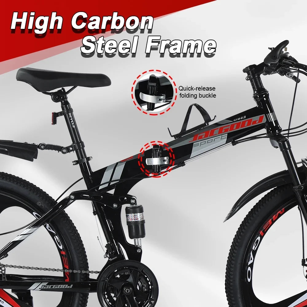 JSTUOKE 26 Inch Adult Mountain Bikes, 24 Speeds Drivetrain Cycling Foldable Bicycles with Double Disc Brakes, High Carbon Steel Frame, MTB for Men Women