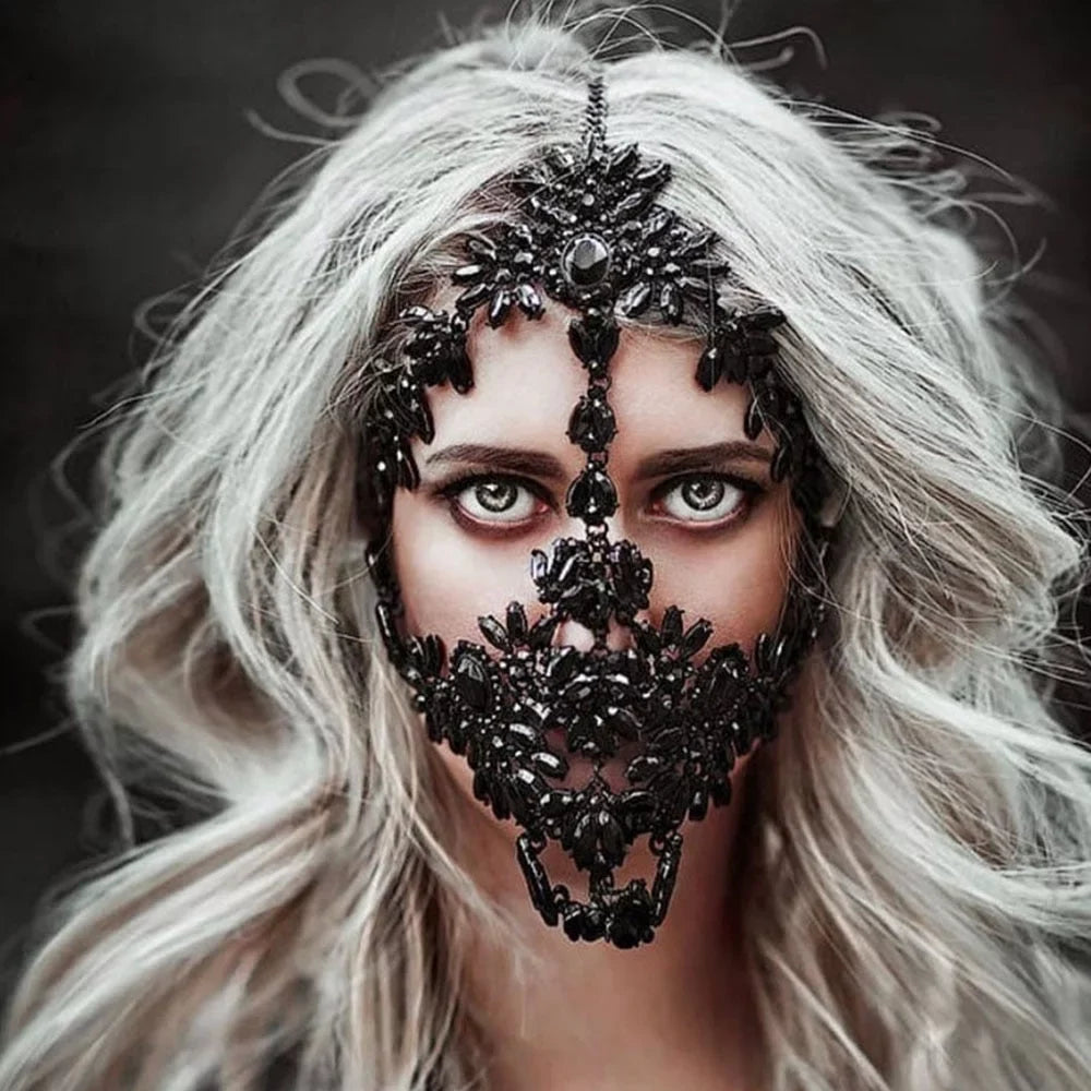 Ebony Crystal Full Face Mask Halloween Mask Masquerade Mask Rhinestone Face Chain Face Jewelry Women Face Accessories