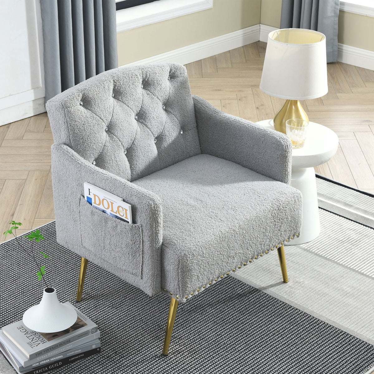 30 "W Modern Chesterfield Tufted Upholstered Chair with Deep Buttons, Living Room Chair, Comfortable Armchair, Gold Hardware Legs, Tufted Chair for Reading or Relaxing, GREY TEDDY