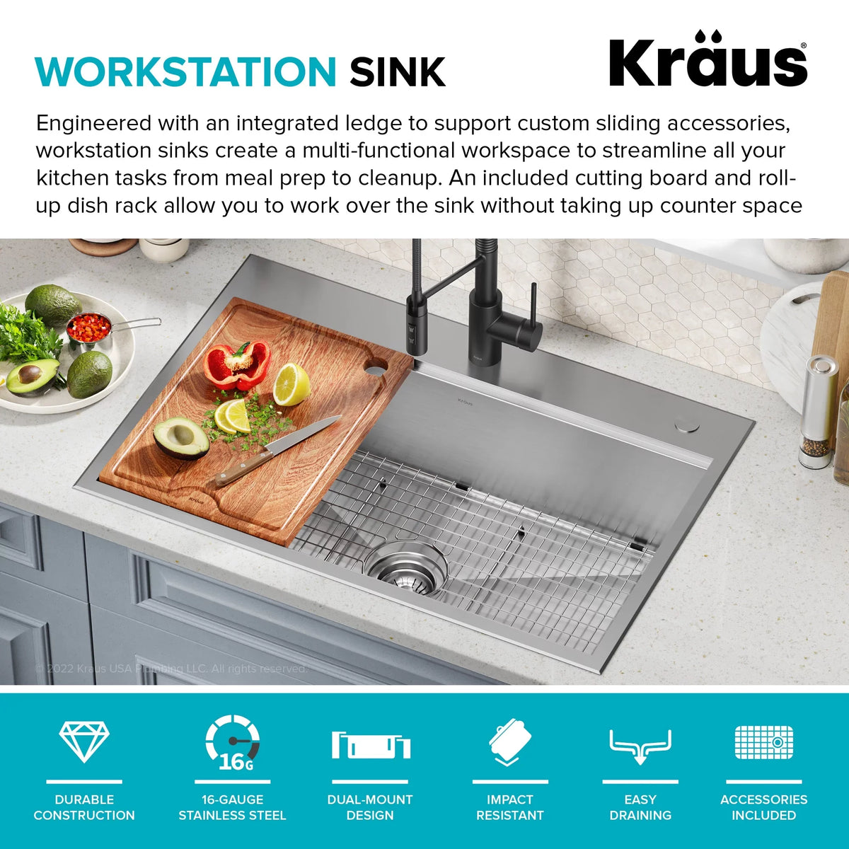 Kraus Kore 33 in. Drop-In / Undermount Workstation16 Gauge Stainless Steel Single Bowl Kitchen Sink with Accessories
