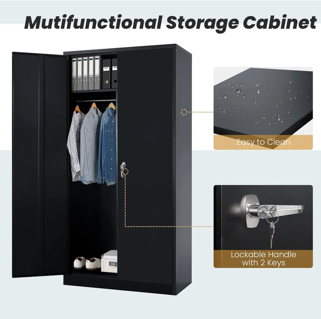 HOOMHIBIU Metal Cabinets Locker with Locking Door 72'' Clothing Coat Steel Wardrobe Cabinet with Lock and Shelves for Office Home Garage Employee Freestanding Dark