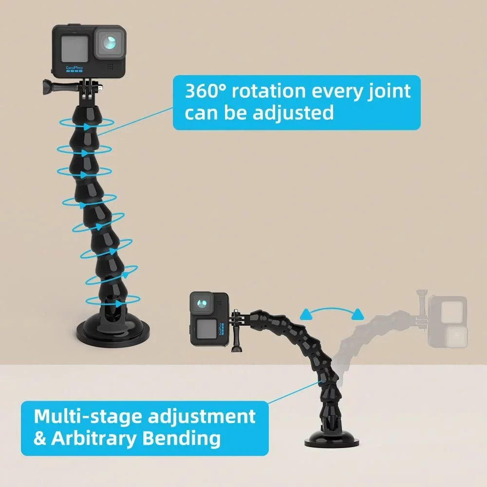 Flexible Gooseneck Suction Cup Camera Car Mount Compatible with Gopro Hero 10 Jet 9/8/7/6/5 Ebony