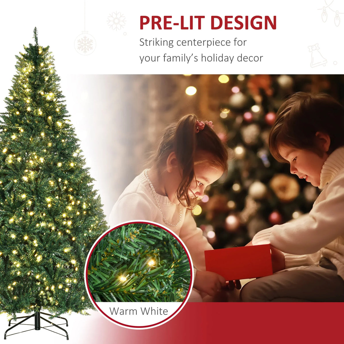 HOMCOM 7ft Pre-Lit Full Douglas Fir Artificial Christmas Tree with Realistic Branches, 700 Warm White LED Lights and 2154 Tips