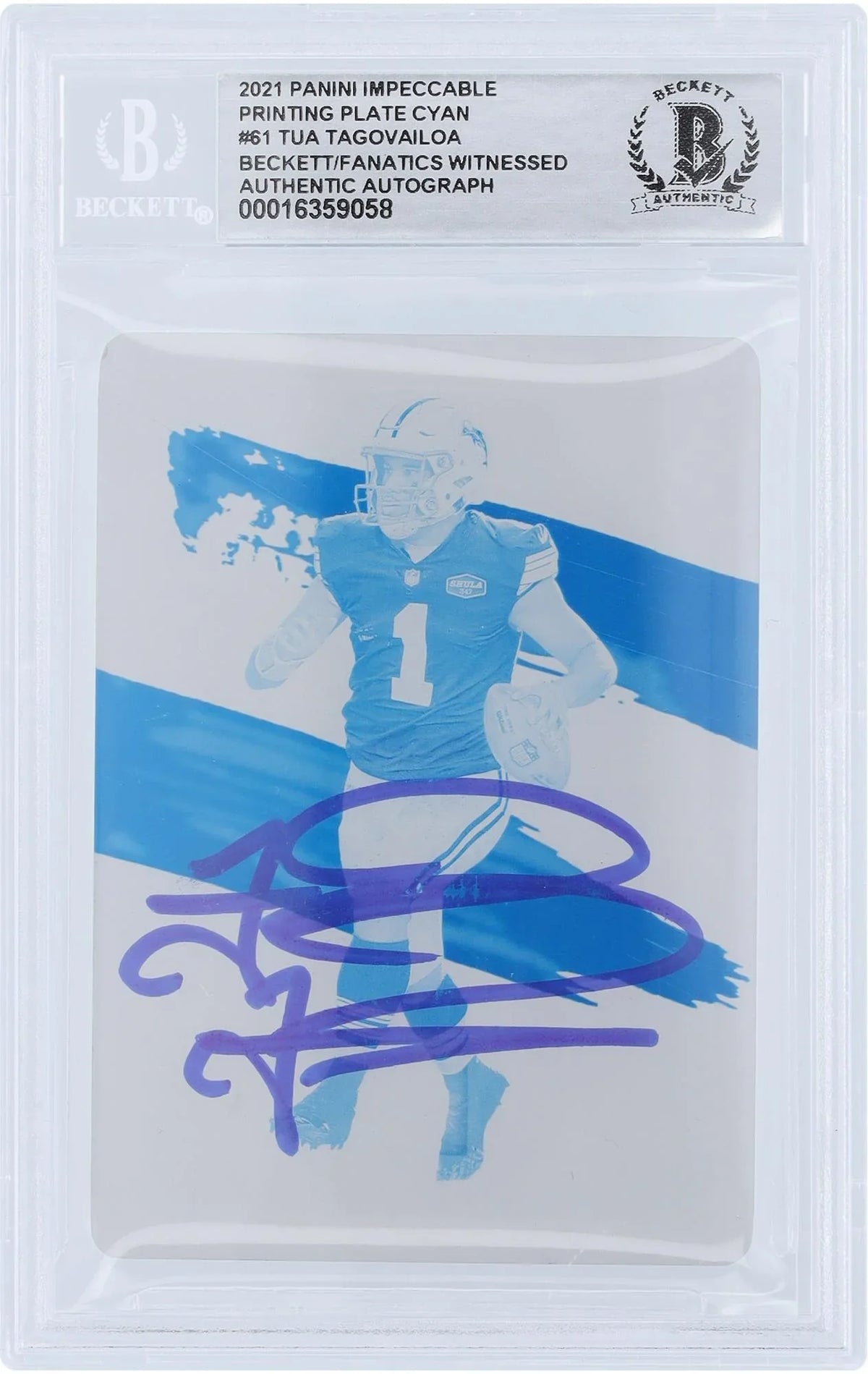 Tua Tagovailoa Miami Dolphins Autographed 2021 Panini Impeccable Cyan Printing Plate #61 #1/1 Beckett Fanatics Witnessed Authenticated Card - Fanatics Authentic Certified