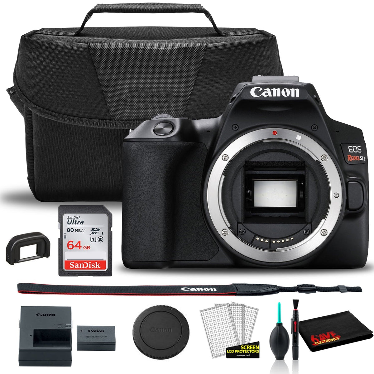 Rebel SL3 DSLR Camera (Body + Bag + Sandisk 64GB Card + Care Kit