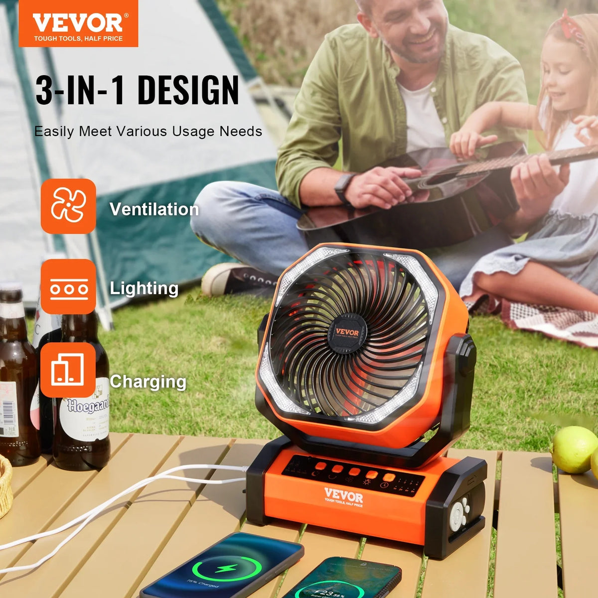 SKYSHALO 9 inch Portable Fan Rechargeable with LED Lantern 4 Speeds Swivel Timer