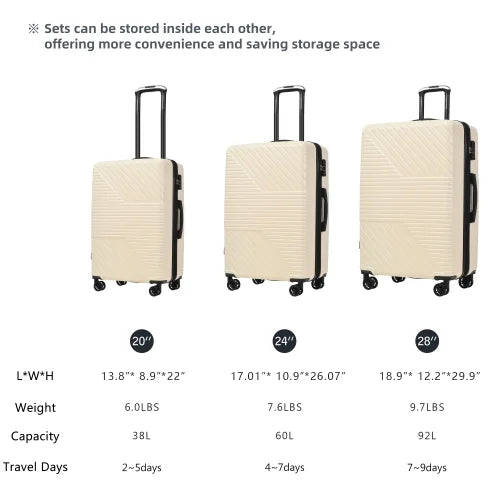 Zateety Hardshell Luggage Sets 3 Piece double spinner 8 wheels Suitcase with TSA Lock Load 20''24''28''