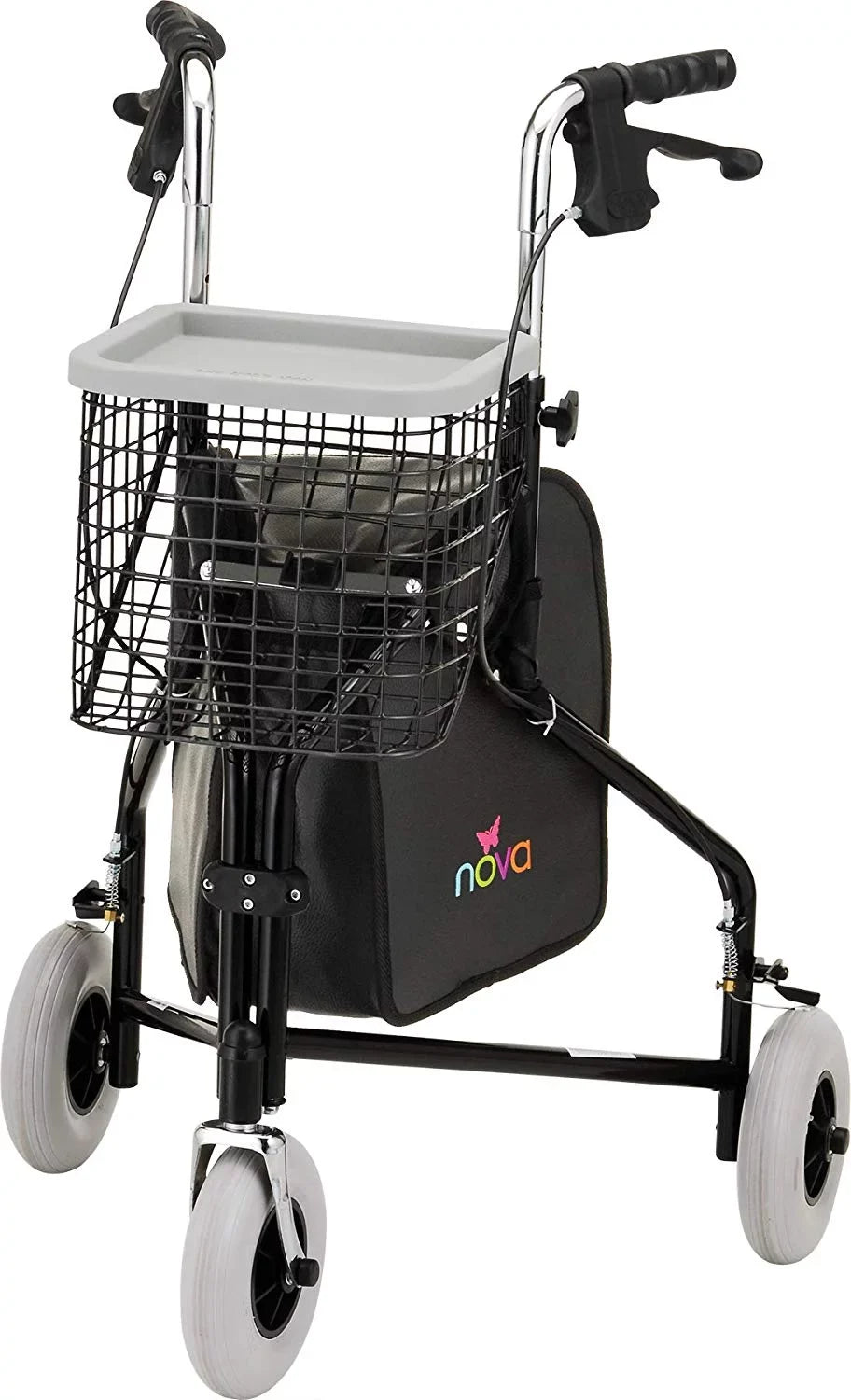 NOVA Traveler 3 Wheel Rollator Walker, All Terrain 8” Wheels, Includes Bag, Basket and Tray, Jet