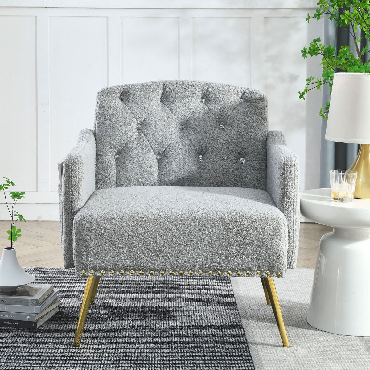 30 "W Modern Chesterfield Tufted Upholstered Chair with Deep Buttons, Living Room Chair, Comfortable Armchair, Gold Hardware Legs, Tufted Chair for Reading or Relaxing, GREY TEDDY