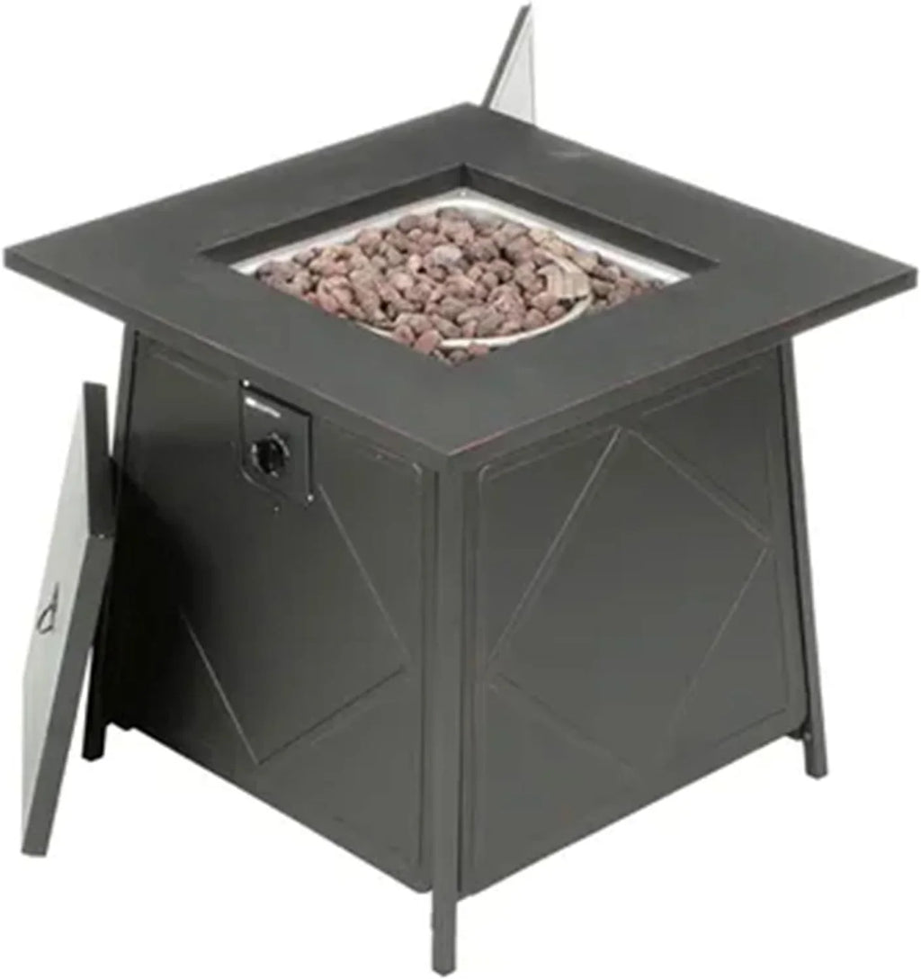 28 Inch Steel Square Gas Outdoor Backyard Tabletop Fire Pit with Lava Rocks and Steel Cover Lid, Dark
