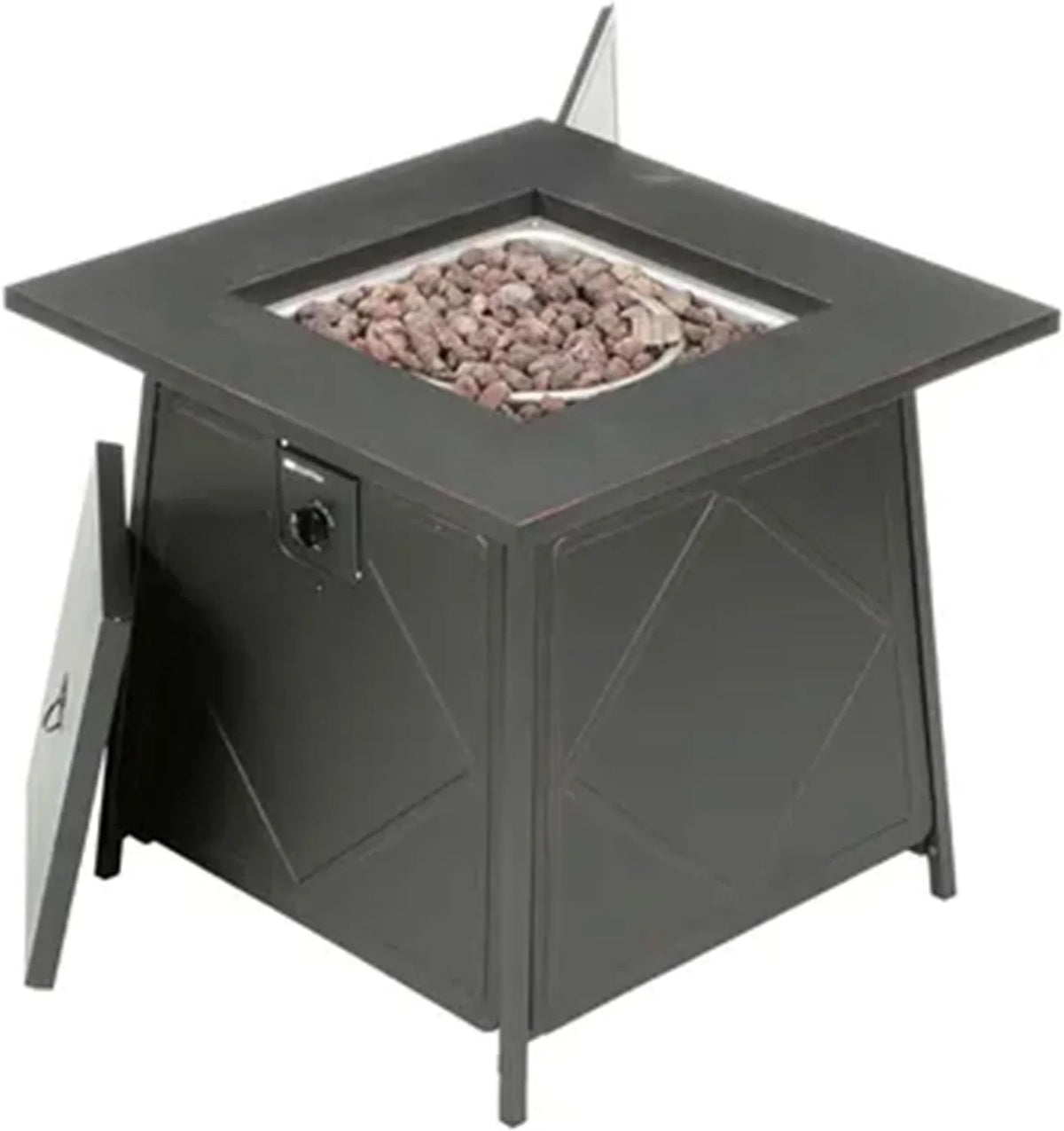 28 Inch Steel Square Gas Outdoor Backyard Tabletop Fire Pit with Lava Rocks and Steel Cover Lid, Dark