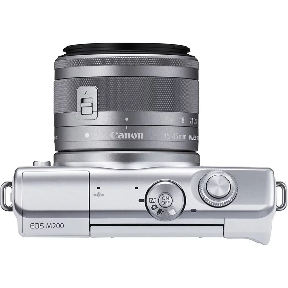 EOS M200 Mirrorless Camera with 15-45mm Lens (White) (3700C009) + 64GB Memory Card + Card Reader + Case + Flex Tripod + Hand Strap + Cap Keeper + Memory Wallet + Cleaning Kit