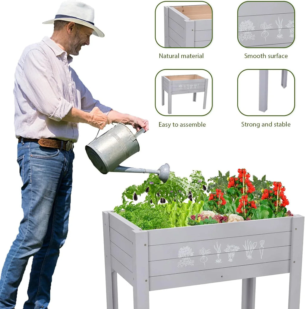 Kids Raised Garden Bed, 30 x 24 x 18 Inch Wooden Elevated Raised Garden Bed for Kids Outdoor Raised Planter Box for Vegetables Grass Lawn Yard, Light Grey