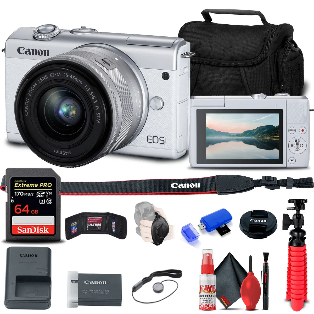 EOS M200 Mirrorless Camera with 15-45mm Lens (White) (3700C009) + 64GB Memory Card + Card Reader + Case + Flex Tripod + Hand Strap + Cap Keeper + Memory Wallet + Cleaning Kit