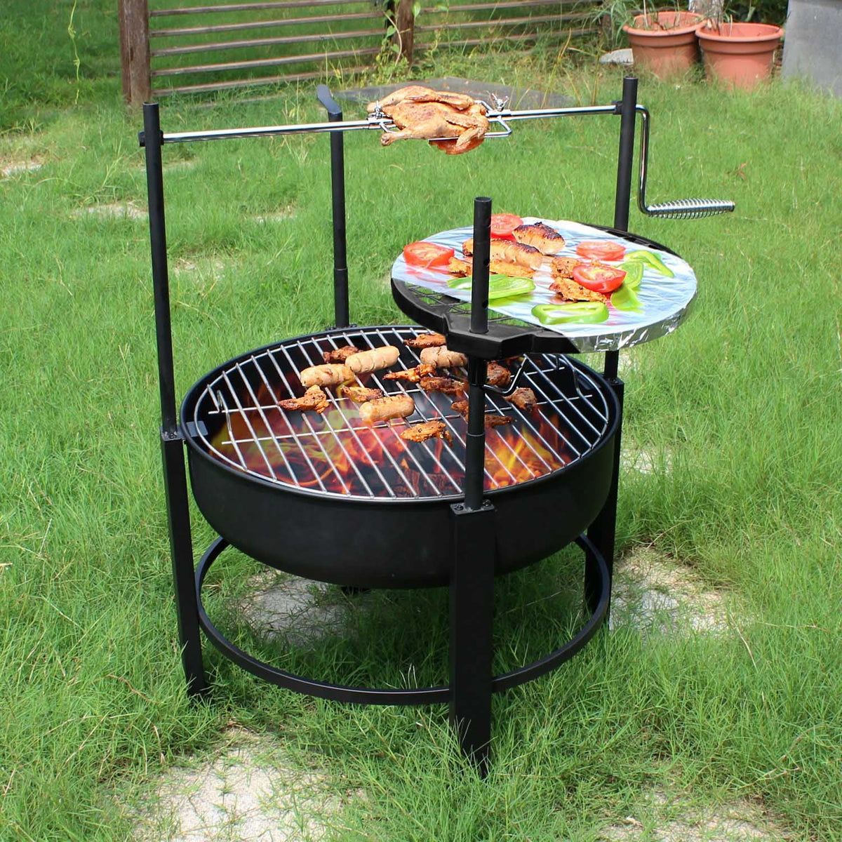 26 inch outdoor portable fire pit table with grill and turkey fork, featuring barbecue, dining table, and campfire functions
