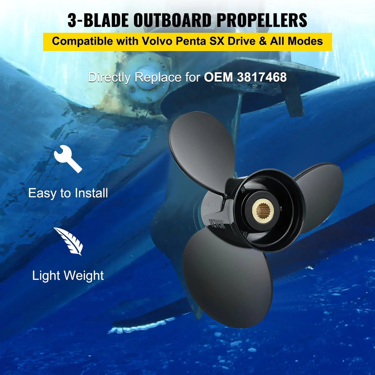 VEVOR Outboard Propeller, 3-Blade 14.5" x 19" Boat Propeller, Replace for OEM 3817468, Compatible with SX Sterndrives Outboard Volvo Penta Engine, Right-handed Aluminium Propeller & 19 Spline Teeth