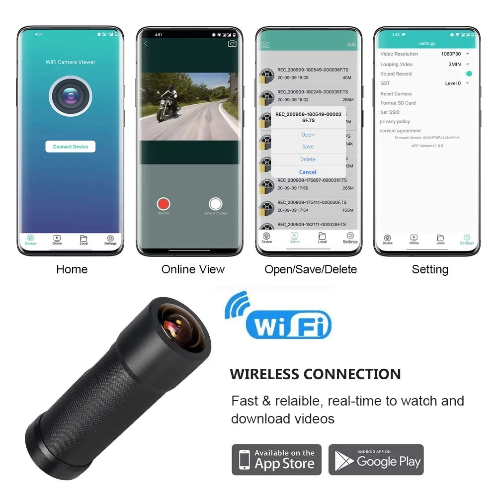 VSYSTO 2K Motorcycle Bike Helmet Camera, Portable WiFi Waterproof Motorcycle Dash Cam Action Camera, 170° Super Wide Angle Night Vision Lens, WDR, Loop Recording