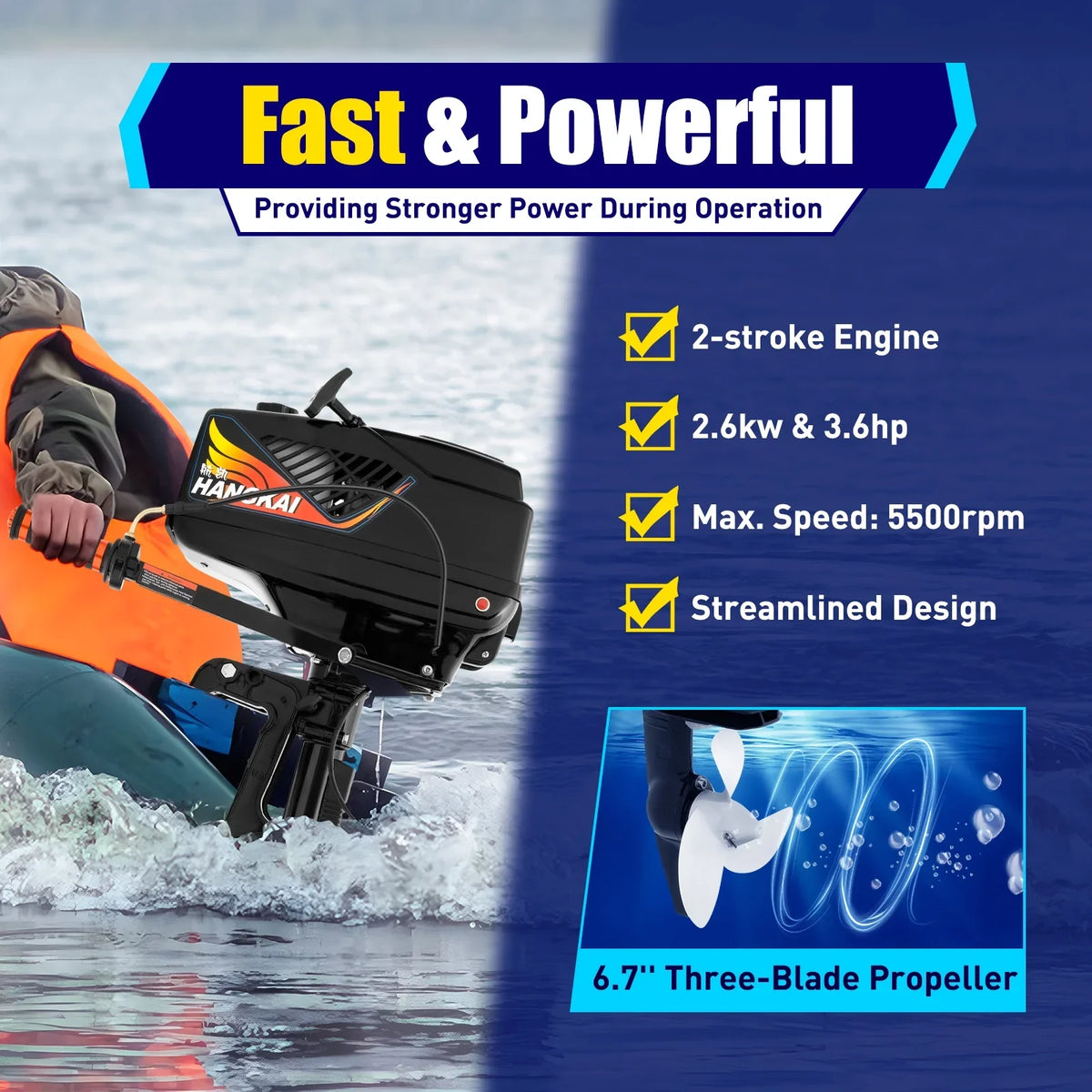 2 Stroke 3.6 Gasoline Outboard Motor, 55cc Fishing Boat Engine with Water Cooling System Clutch Control Dark