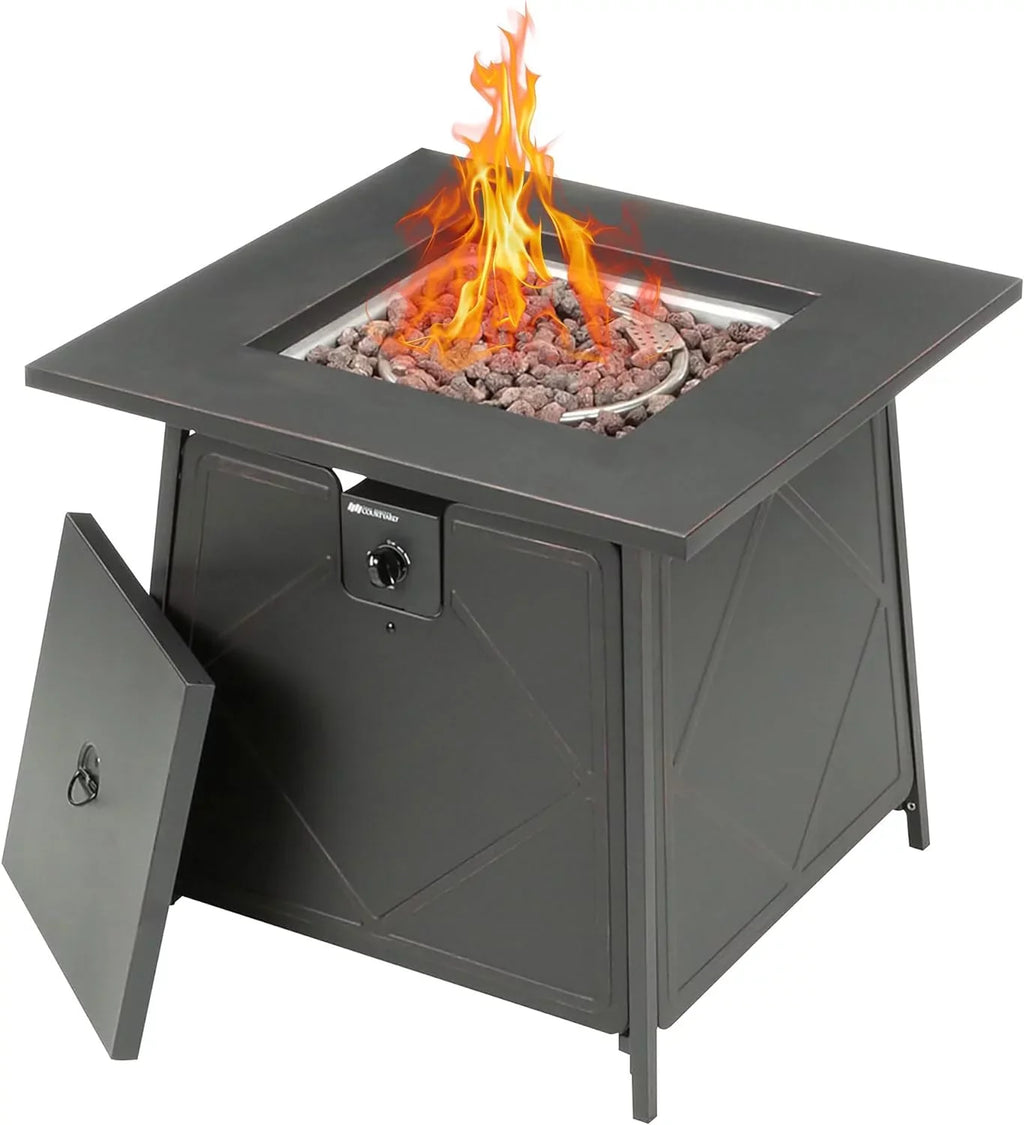 28 Inch Steel Square Gas Outdoor Backyard Tabletop Fire Pit with Lava Rocks and Steel Cover Lid, Dark