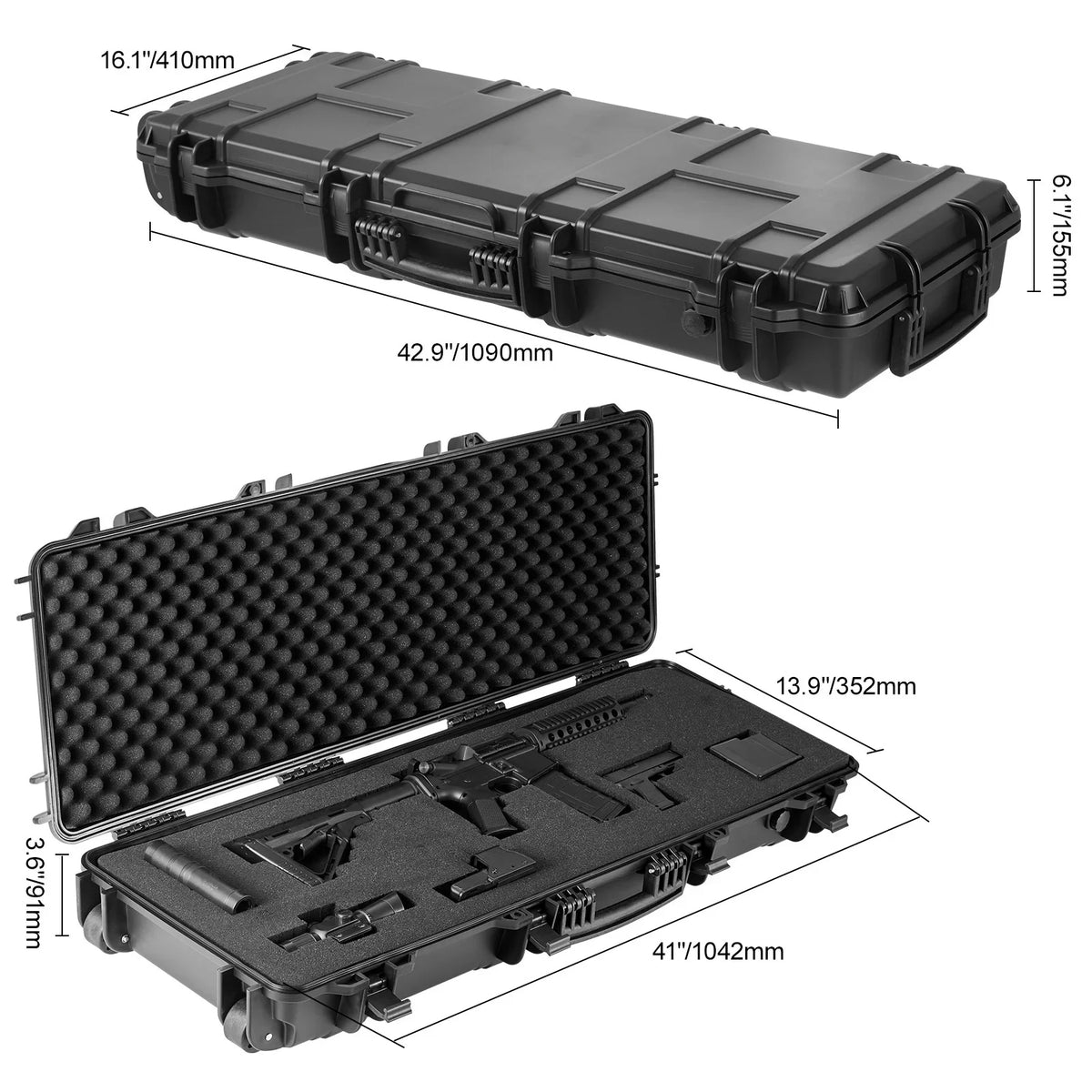 SKYSHALO Rifle Case, Rifle Hard Case with 3 Layers Fully-protective Foams, 42 inch lockable Hard Gun Case with Wheels, IP67 Waterproof & Crusroof, for Two Rifles or Shotguns, Airsoft Gun