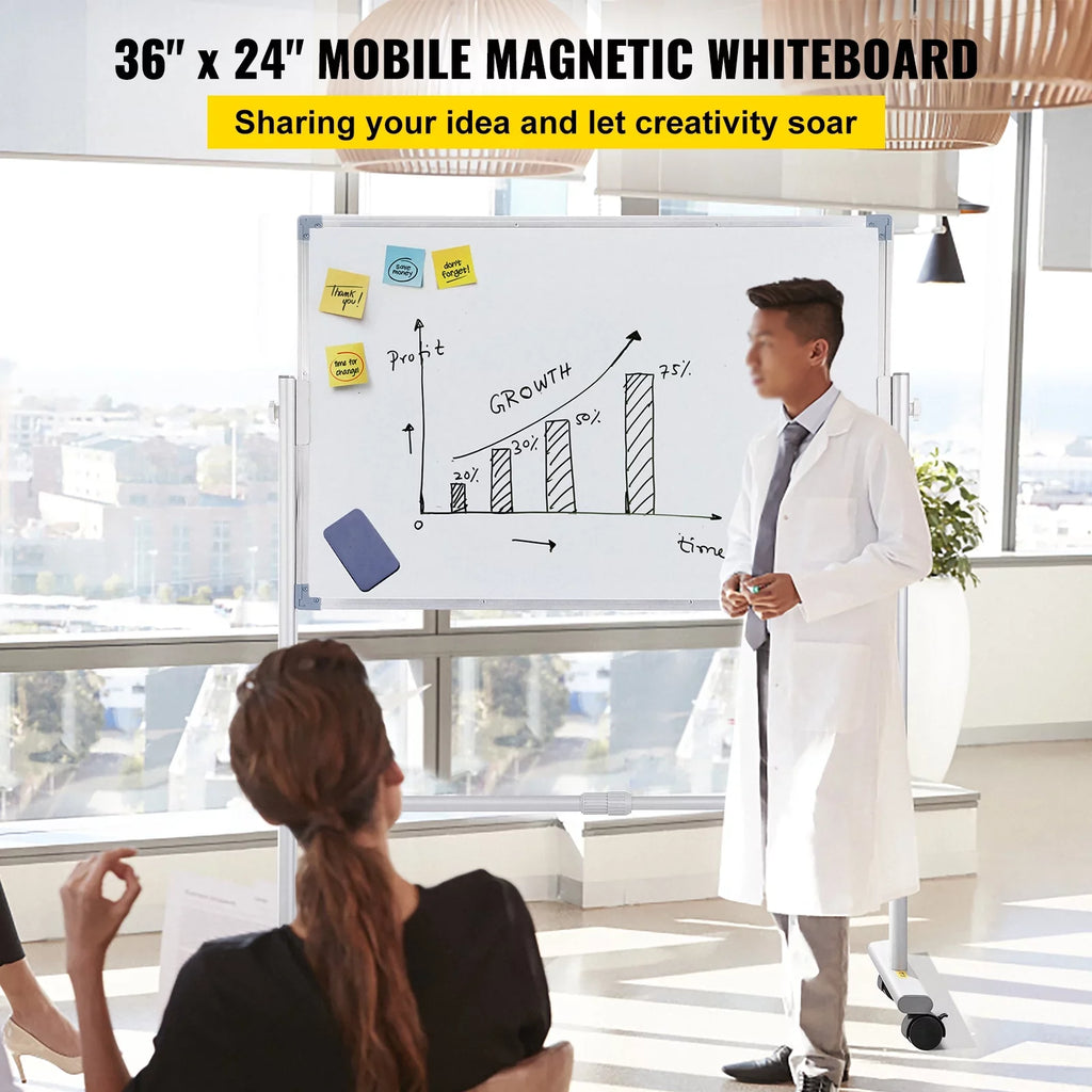 BENTISM Mobile Magnetic Whiteboard Dry Erase Board w/ Stand 36" x 24" Double Sided with Height Adjustable Aluminum Frame and 360 Reversible Rolling Lockable Swivel Wheels for Office School Home