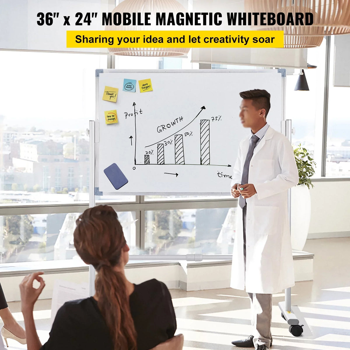 BENTISM Mobile Magnetic Whiteboard Dry Erase Board w/ Stand 36" x 24" Double Sided with Height Adjustable Aluminum Frame and 360 Reversible Rolling Lockable Swivel Wheels for Office School Home