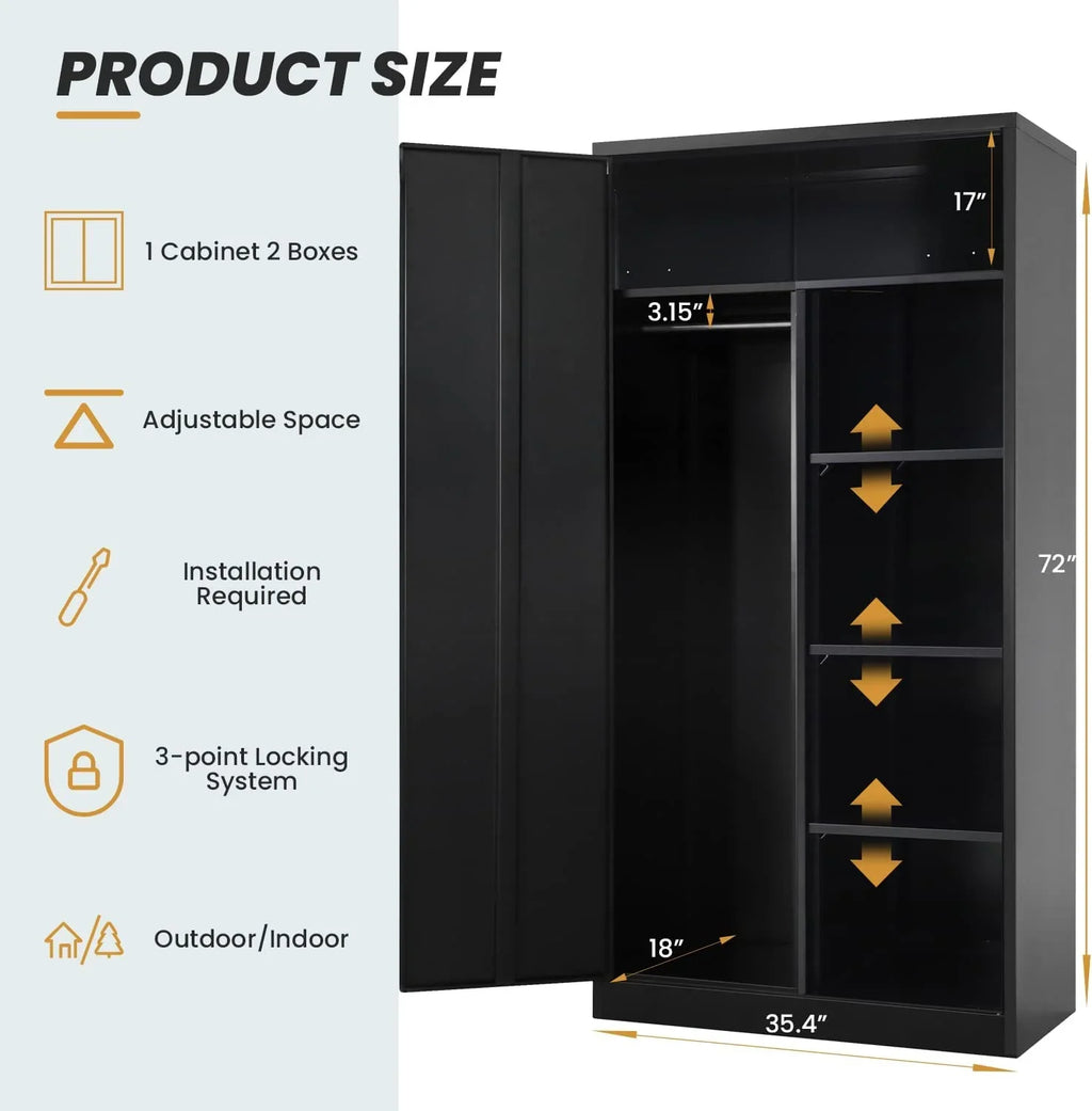 HOOMHIBIU Metal Cabinets Locker with Locking Door 72'' Clothing Coat Steel Wardrobe Cabinet with Lock and Shelves for Office Home Garage Employee Freestanding Dark