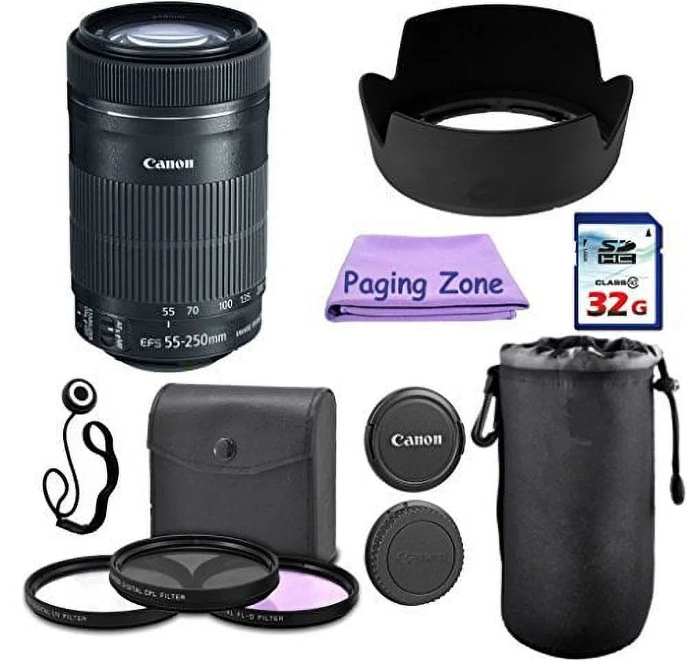 EF-S 55-250mm IS STM Camera Lens. PagingZone Deluxe Kit Includes, 3Piece Filter Set + Lens Case + Lens Hood + 32GB Class 10 Card. For EOS 6D, 70D, 5D MK II III, Rebel T3, T3i, T4i, T5, T5i SL1.