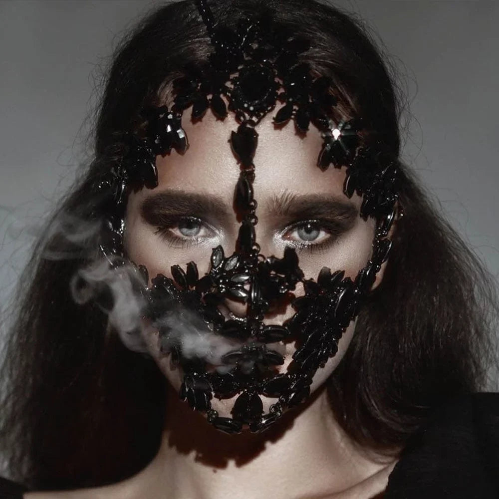 Ebony Crystal Full Face Mask Halloween Mask Masquerade Mask Rhinestone Face Chain Face Jewelry Women Face Accessories