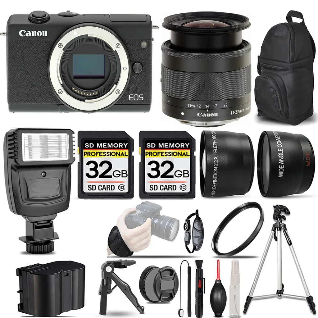 EOS M200 Mirrorless Camera Jet +11-22mm f/4-5.6 IS STM Lens +Flash +64GB- Kit