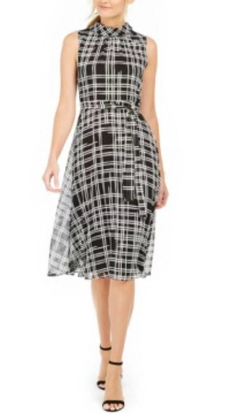 Karl Lagerfeld High Neck Grid Print Dress, Jet White, 0