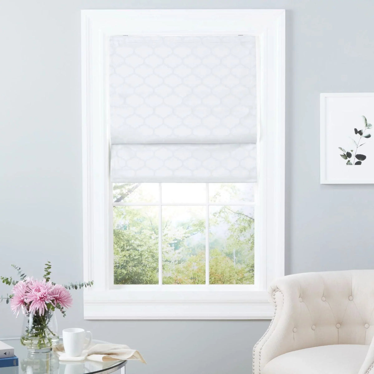 Exclusive Home Montague Trellis Total Dark Roman Shade, 31"x64", White