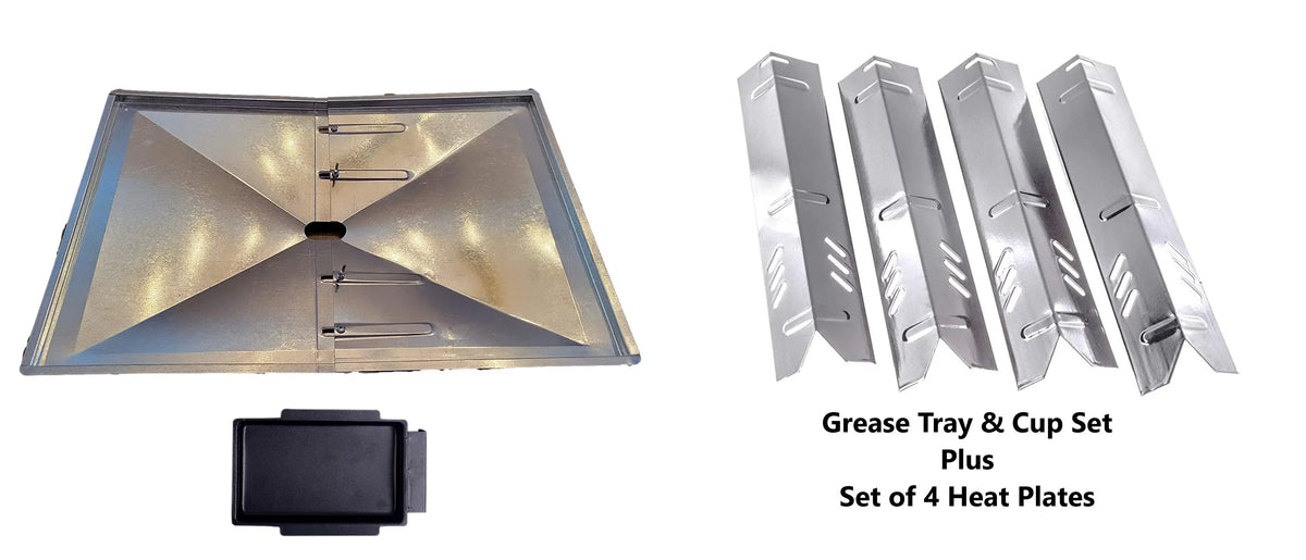 Grill Drip Pans Adjustable Grease Tray (24.5" to 27") and Heat Plates Set (4 Pack) for DynaGlo, Uniflame, BHG, Backyard Grill Models