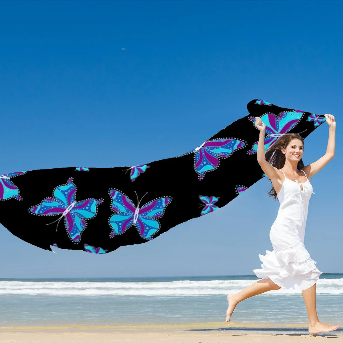 FREEAMG Different Butterflys Silk Long Scarf for Women Large Oblong Sunscreen Shawls Wraps Neck Headscarf Hair Wraps Gift Packed