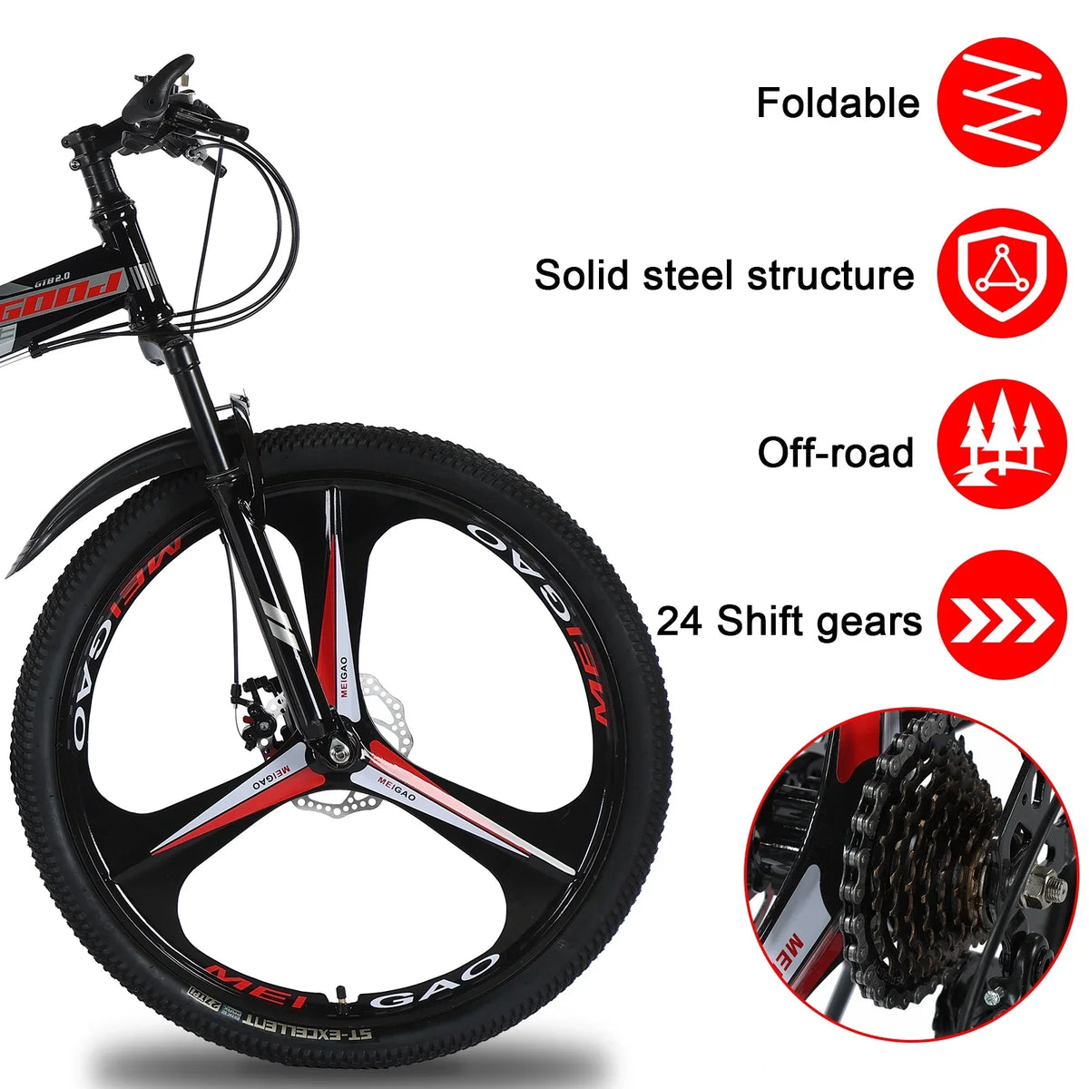 JSTUOKE 26 Inch Adult Mountain Bikes, 24 Speeds Drivetrain Cycling Foldable Bicycles with Double Disc Brakes, High Carbon Steel Frame, MTB for Men Women