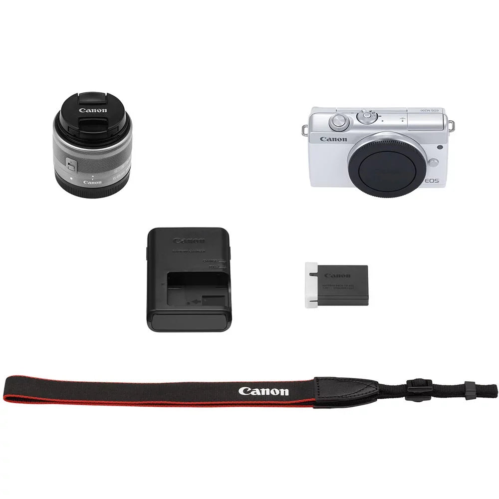 EOS M200 Mirrorless Camera with 15-45mm Lens (White) (3700C009) + 64GB Memory Card + Card Reader + Case + Flex Tripod + Hand Strap + Cap Keeper + Memory Wallet + Cleaning Kit