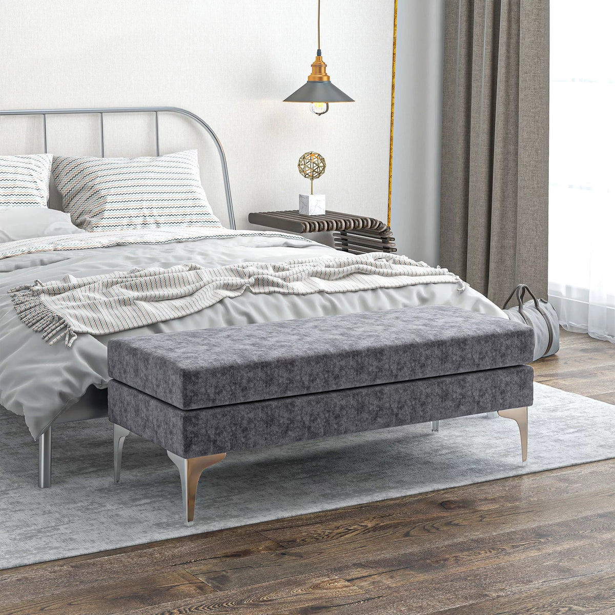 HOMCOM 48" End of Bed Bench with Steel Legs, Dark Gray