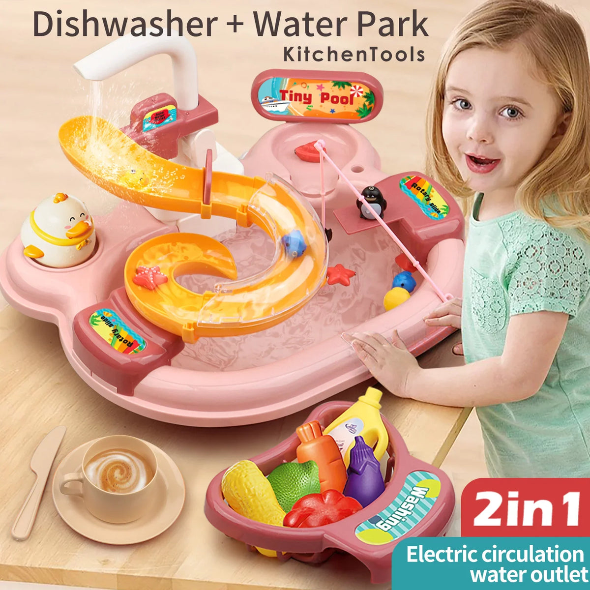 Nebublu Furnishing articles,Kitchen Water A Water Kitchen Dishwasher Pretend Role Play Slide 22pcs Kitchen 180rotatable With A 2-in-1 Kitchen Water Slide Toddler Toy Sink With Water Pretend Owsoo