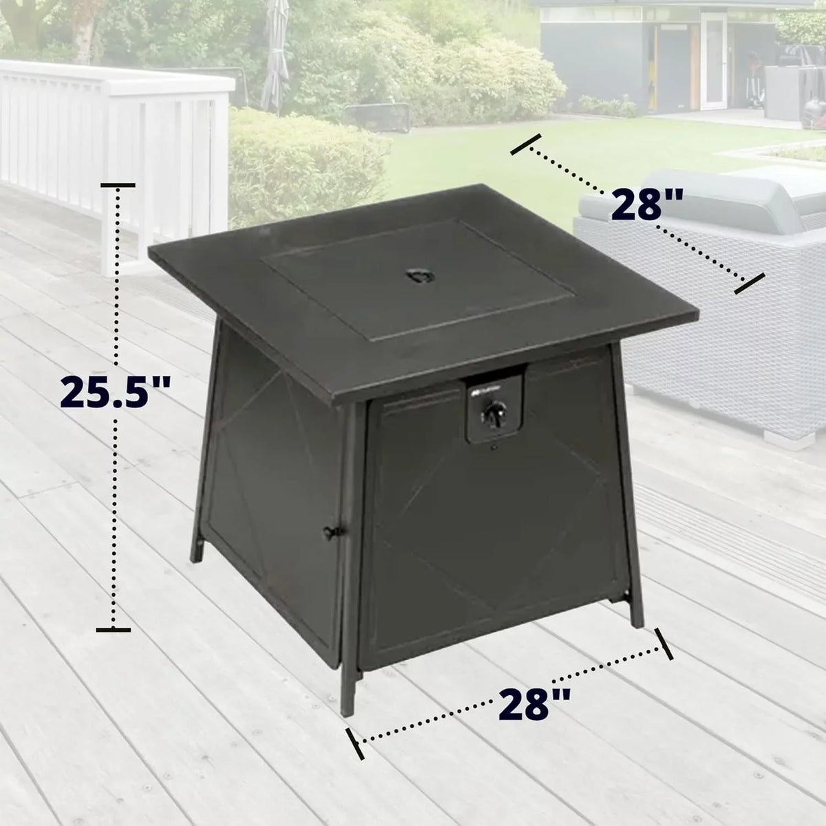 28 Inch Steel Square Gas Outdoor Backyard Tabletop Fire Pit with Lava Rocks and Steel Cover Lid, Dark