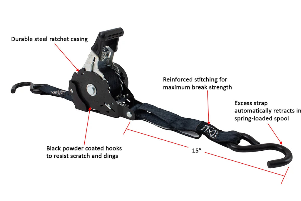 Auto Retract NO-RATCHETING Ratchet Straps | 1" x 12' Retractable Ratchet Straps with Coated S Hook Tiedowns for Motorcycles, ATVs, Bikes: Tight & Secure Pickup Trailer Tie-Down - 8 Pack