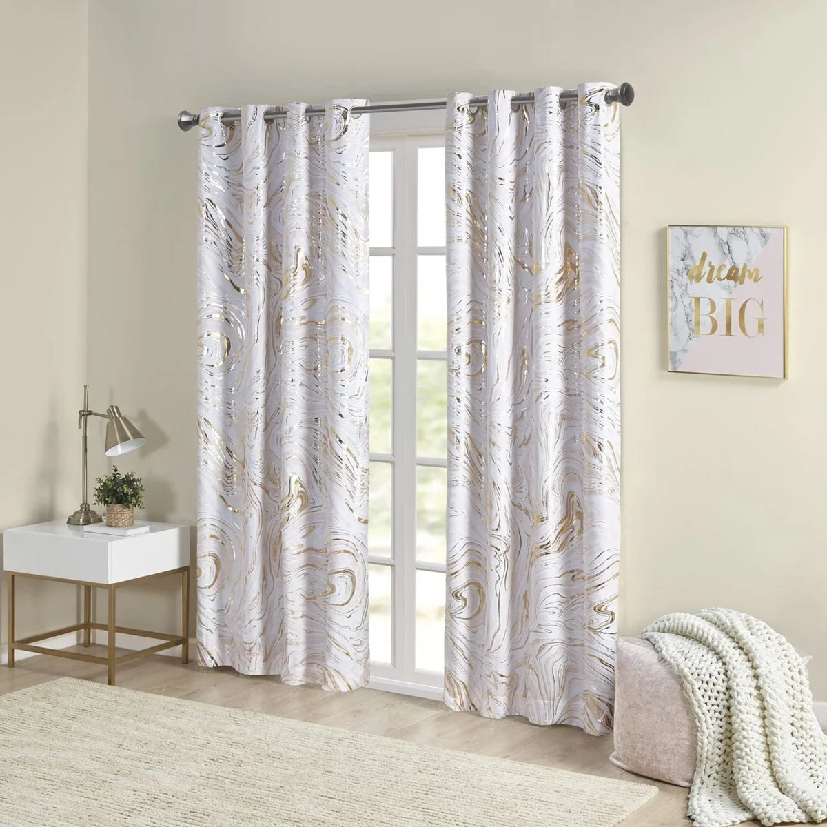Rebecca Grommet Top Printed Marble Metallic Total Dark Curtain ID40-1982 By Olliix
