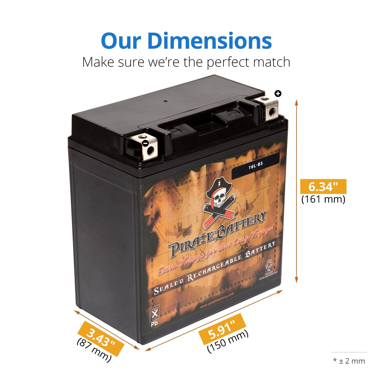 Pirate Battery YTX16L-BS (16L-BS 12 Volt,14 Ah, 230 CCA) Jet Ski Battery for Kawasaki 650cc Jf650 X2 1993