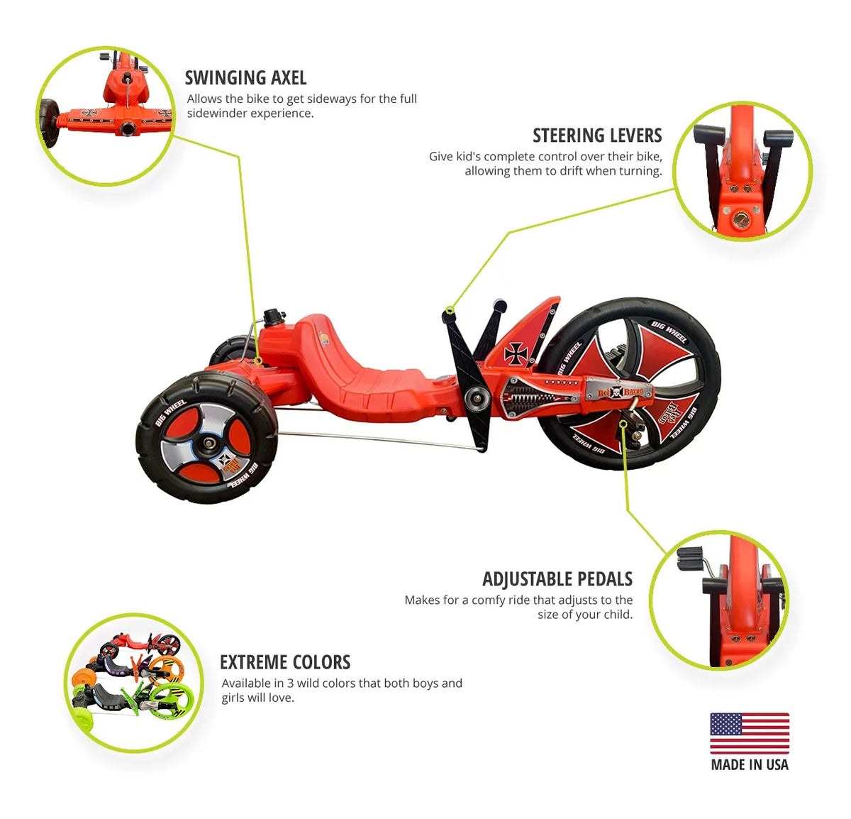 The Original Big Wheel Sidewinder 16” X-TREME Racer Tricycle for Boys & Girls 5-10 Years of Age - Made in USA(Red Baron)