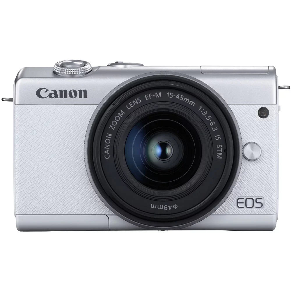 EOS M200 Mirrorless Camera with 15-45mm Lens (White) (3700C009) + 64GB Memory Card + Card Reader + Case + Flex Tripod + Hand Strap + Cap Keeper + Memory Wallet + Cleaning Kit