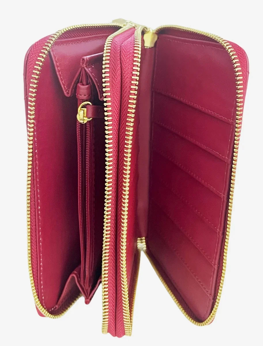 JOY & IMAN Leather Quilted Wallet with 2 Wrap-Around Zippers RFID ~ Burgundy