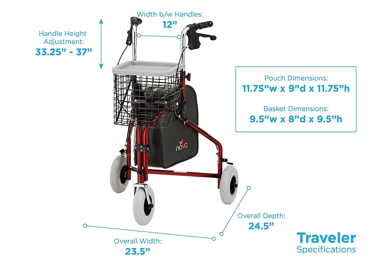 NOVA Traveler 3 Wheel Rollator Walker, All Terrain 8” Wheels, Includes Bag, Basket and Tray, Jet