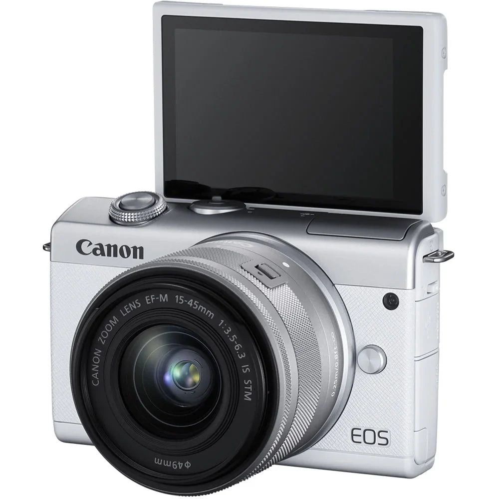 EOS M200 Mirrorless Camera with 15-45mm Lens (White) (3700C009) + 64GB Memory Card + Card Reader + Case + Flex Tripod + Hand Strap + Cap Keeper + Memory Wallet + Cleaning Kit