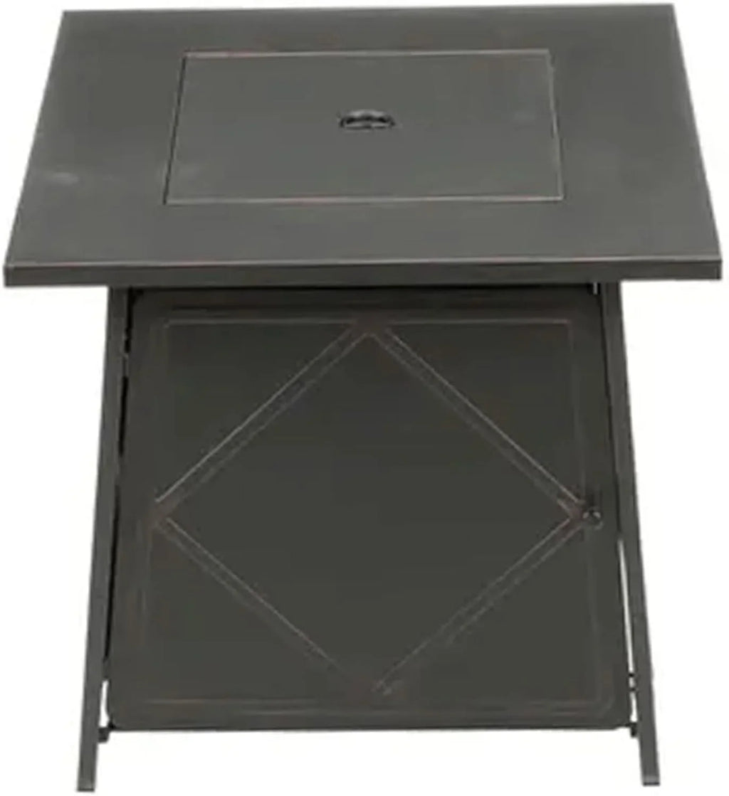 28 Inch Steel Square Gas Outdoor Backyard Tabletop Fire Pit with Lava Rocks and Steel Cover Lid, Dark