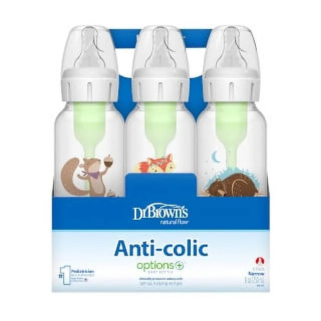 Dr. Brown's Natural Flow Anti-Colic Options+ Narrow Baby Bottles 8 oz/250 mL, with Level 1 Slow Flow Nipple, 6 Pack, 0m+ Woodland Animals Gift Set
