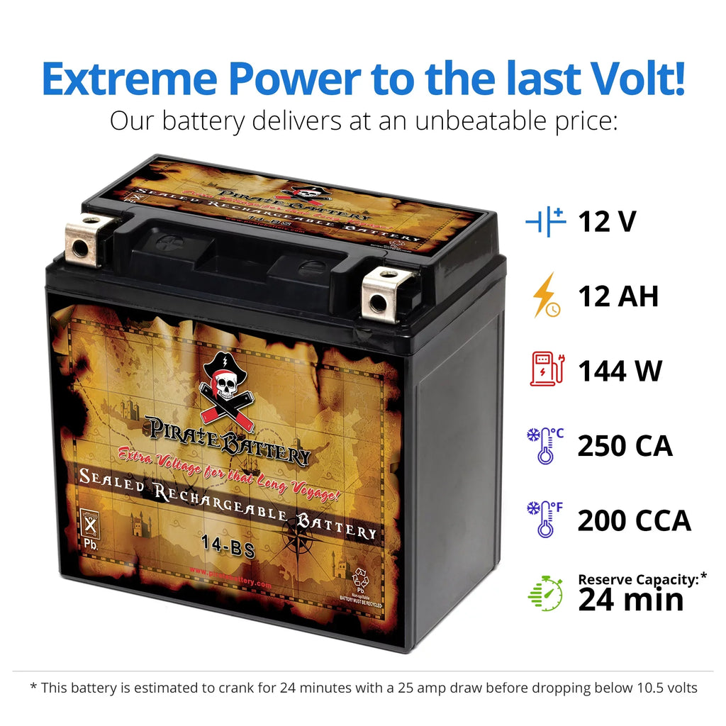 Pirate Battery YTX14-BS (14-BS 12 Volt,12 Ah, 200 CCA) Motorcycle Battery for Honda 1100cc Vt1100c, C3, T Shadow (spirit, Aero, A. C. E. Tourer) 2005
